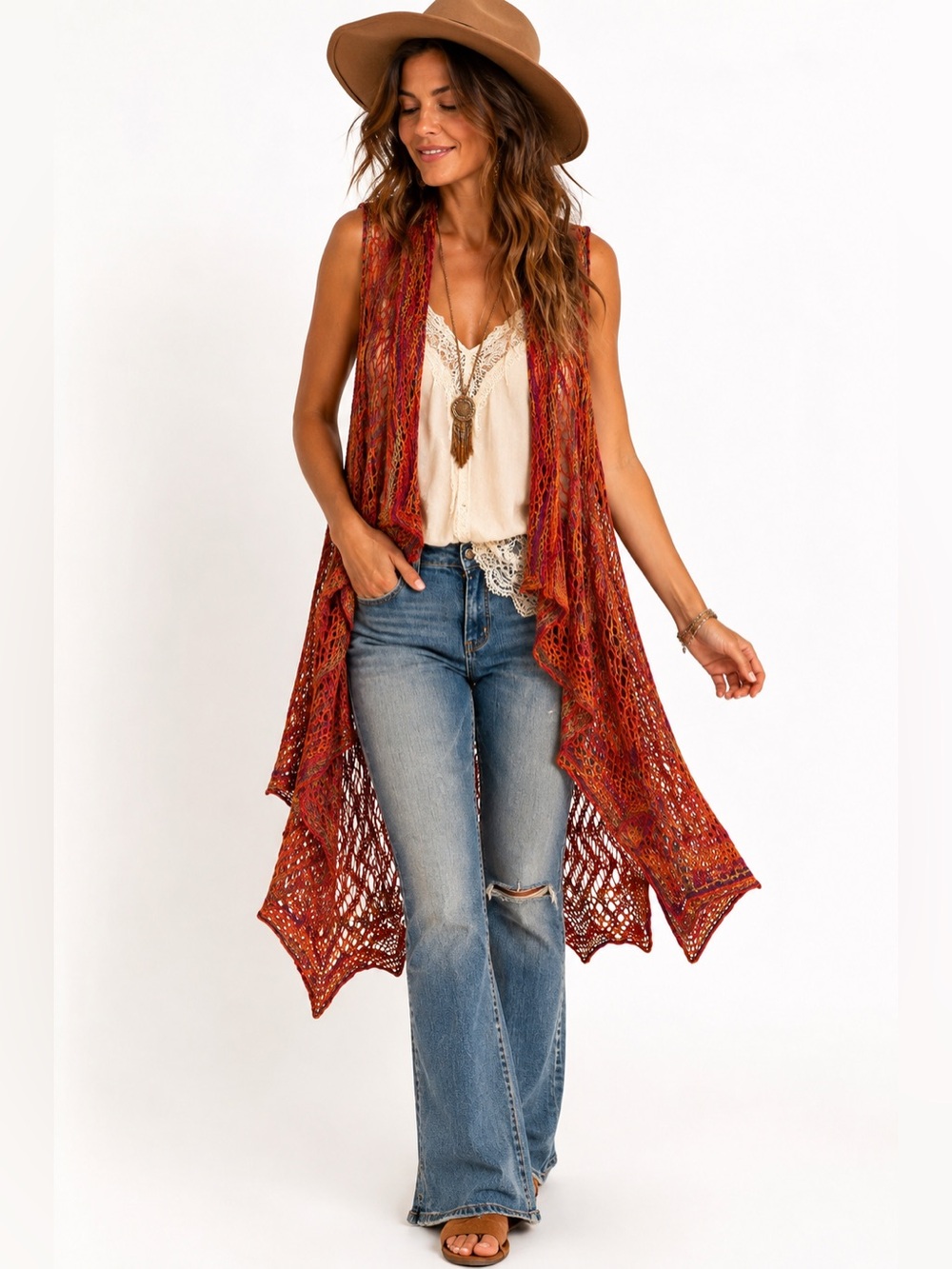 Krazy Kat XXL Boho Crochet Open Knit Duster Cardigan Multicolor Long Vest